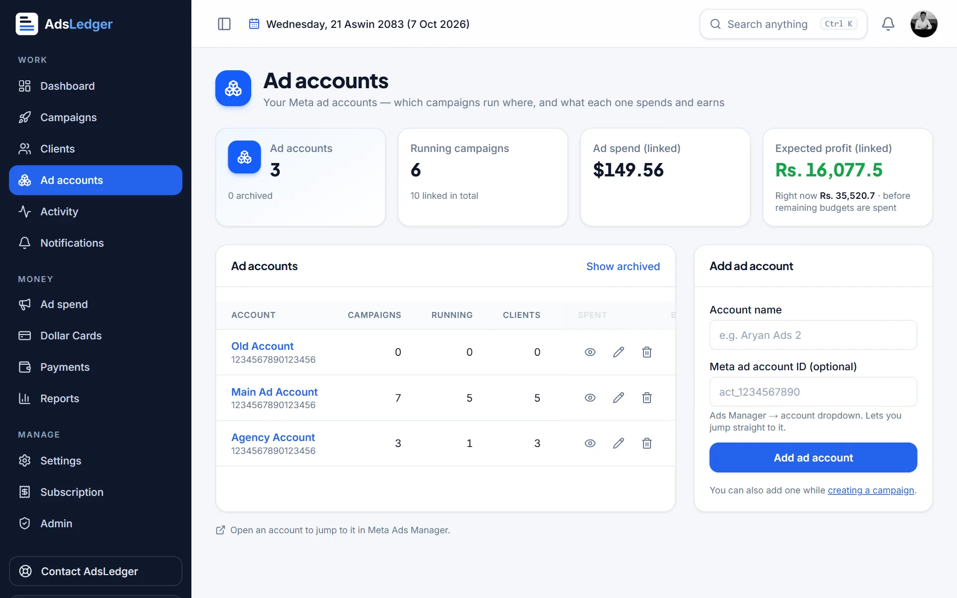 List of Meta ad accounts brought into AdsLedger from a business portfolio