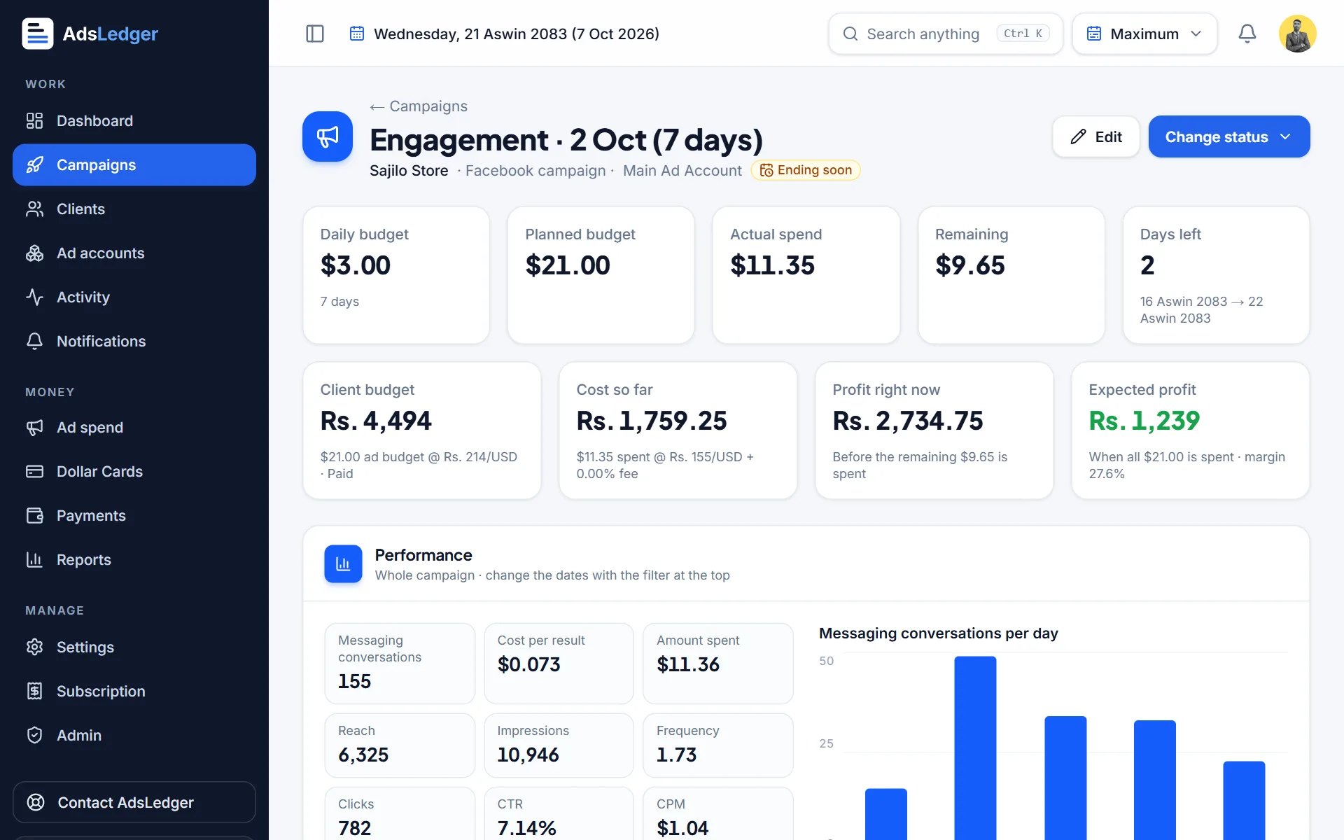 Campaign page with budget, spend and profit