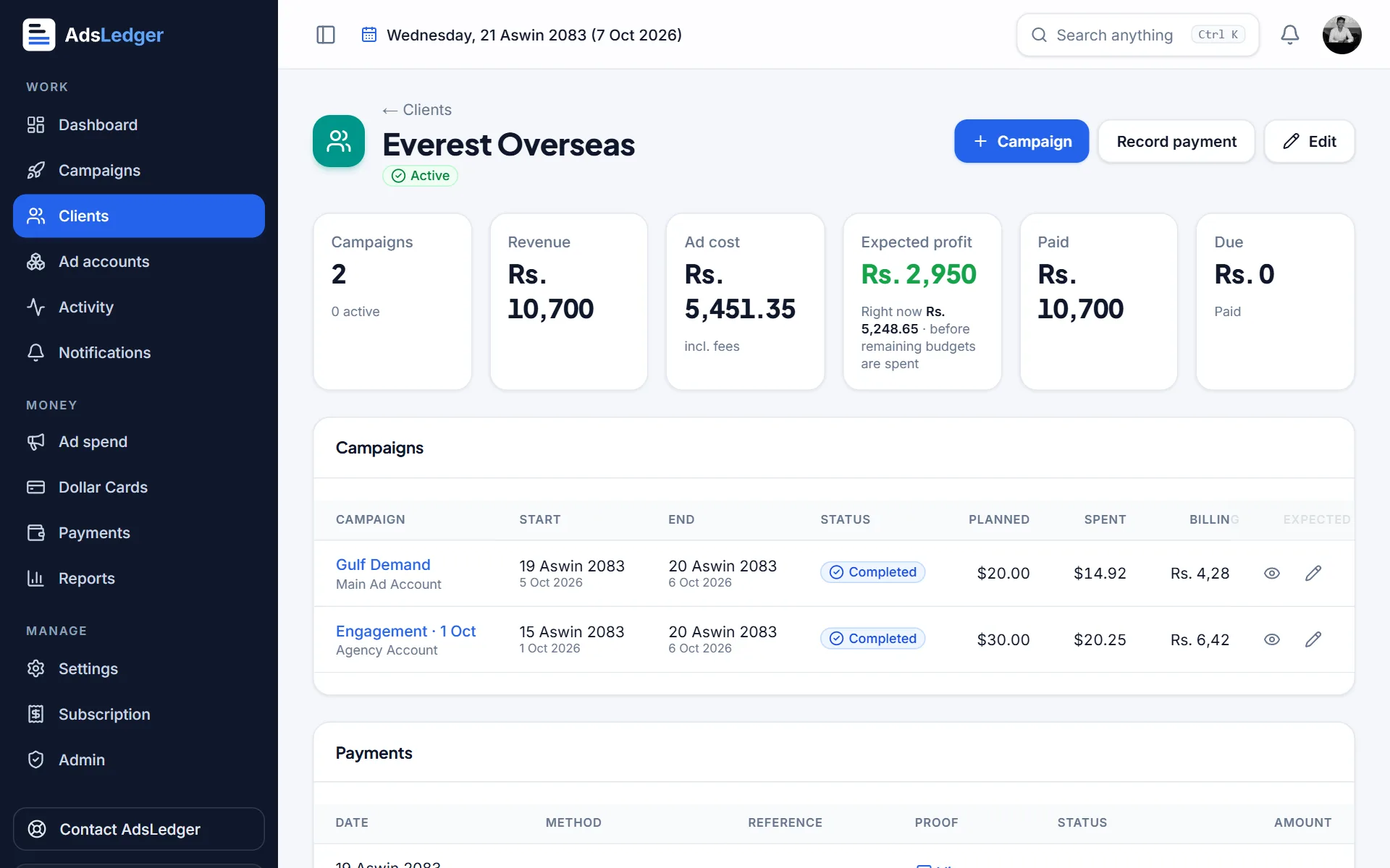 Client page with campaigns, profit, paid and due